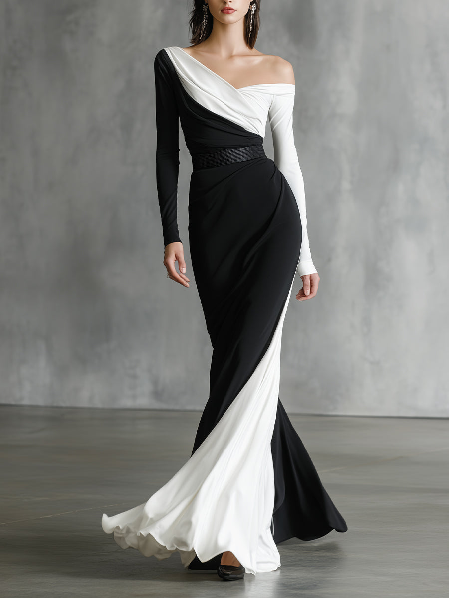 Women's Black - White Classic Jersey Asymmetric One - Shoulder Maxi Dress