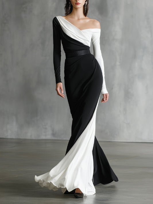Women's Black - White Classic Jersey Asymmetric One - Shoulder Maxi Dress