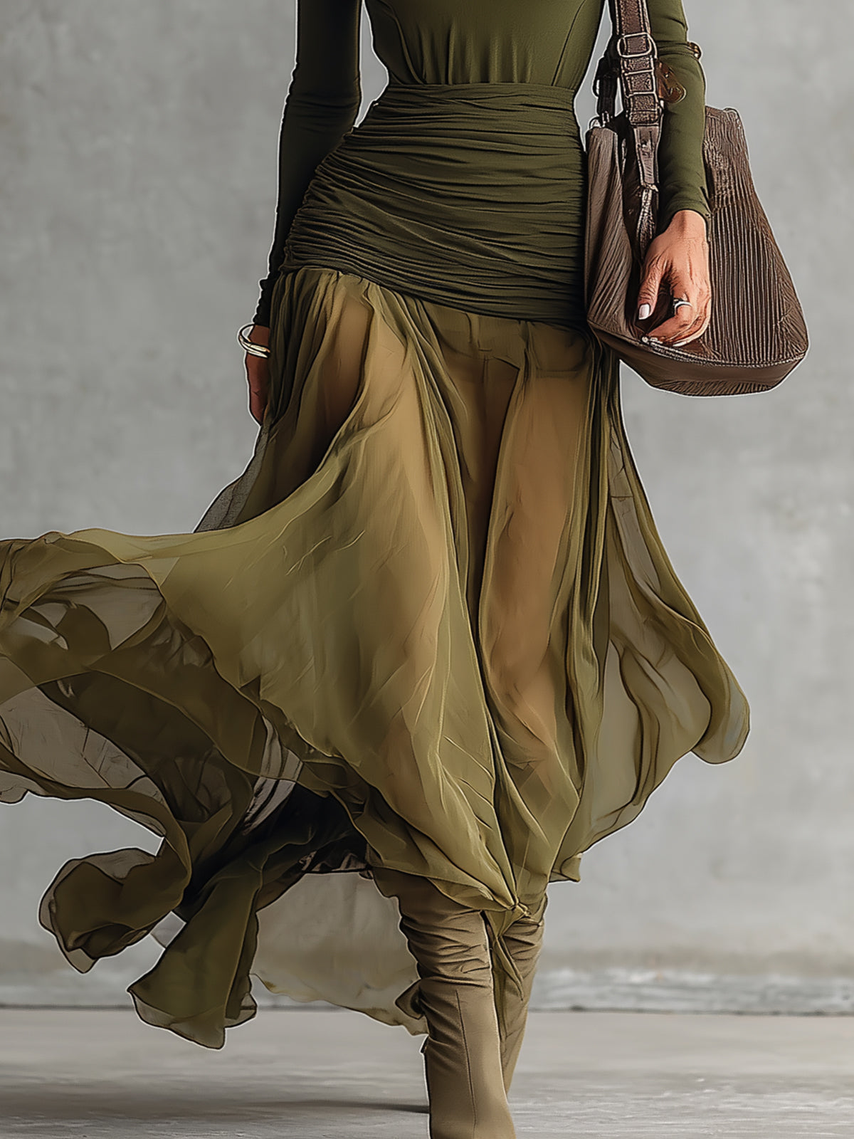 Olive Green Square Neck Ruched Sheer Chiffon Maxi Dress