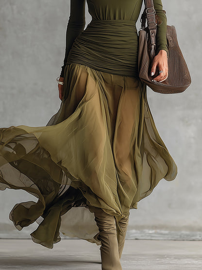 Olive Green Square Neck Ruched Sheer Chiffon Maxi Dress
