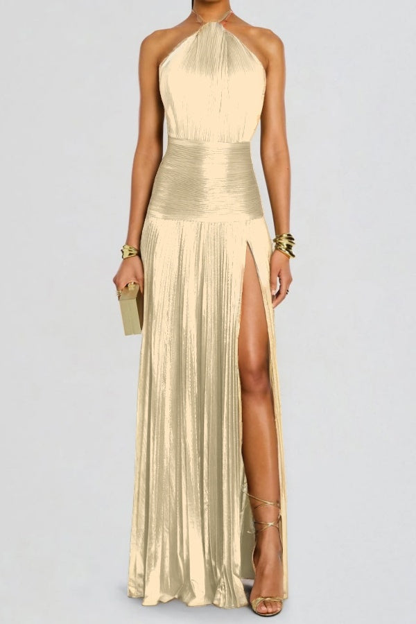 Charming Green Halter Sleeveless Backless Split Prom Dress with Pleated