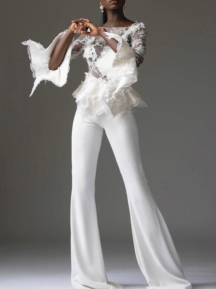 Stylish Embroidered Three-Quarter Flared Sleeve White Jumpsuits
