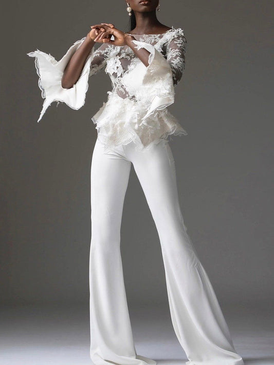 Stylish Embroidered Three-Quarter Flared Sleeve White Jumpsuits