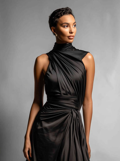 Women's Black Chic Satin Asymmetric Draped Gown