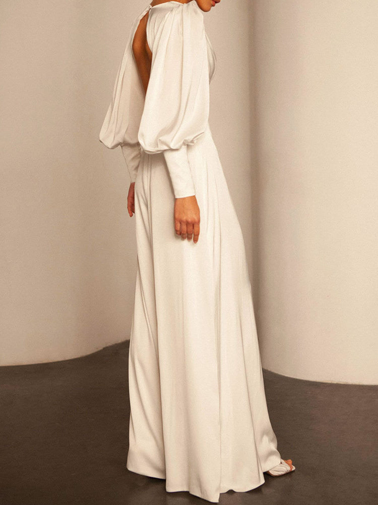 Simple V-Neck Puff Sleeve Belly-Hollow Backless Wide Leg Jumpsuits