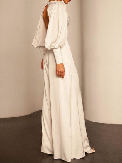 Simple V-Neck Puff Sleeve Belly-Hollow Backless Wide Leg Jumpsuits