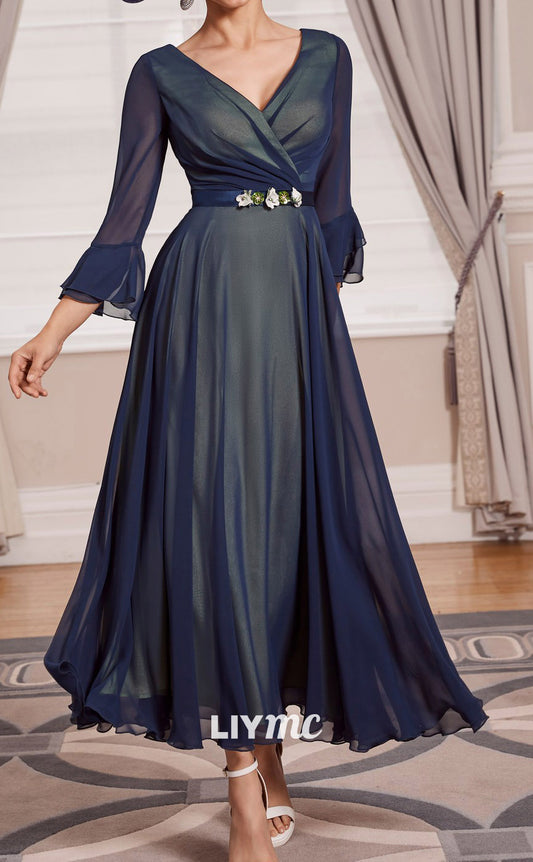 M1155 - V-Neck Long Sleeves Pleated A-Line Mother of Bride Wedding Guest Dress