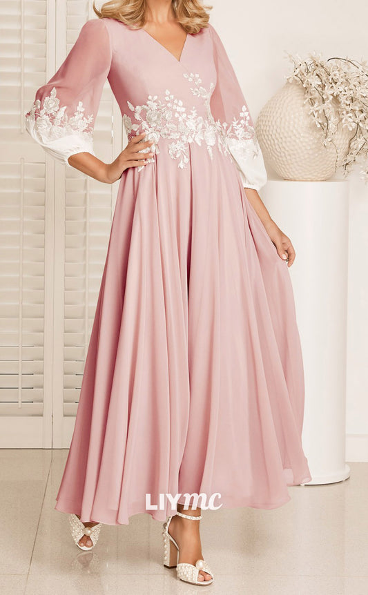 M1154 - V-Neck Long Sleeves Appliques A-Line Motther of Bride Wedding Guest Dress