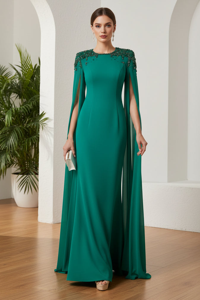 Scoop Beaded Long Sleeves Sheath Evening Dress