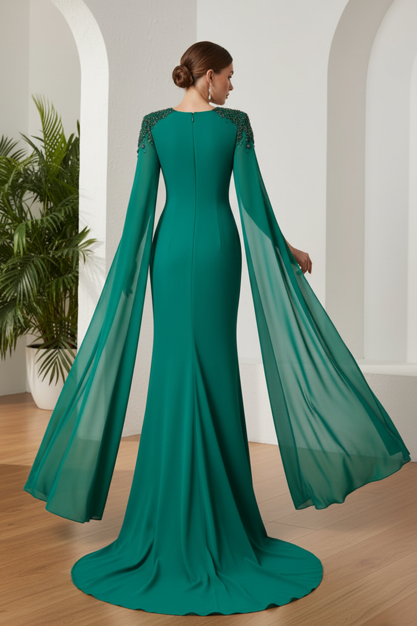 Scoop Beaded Long Sleeves Sheath Evening Dress