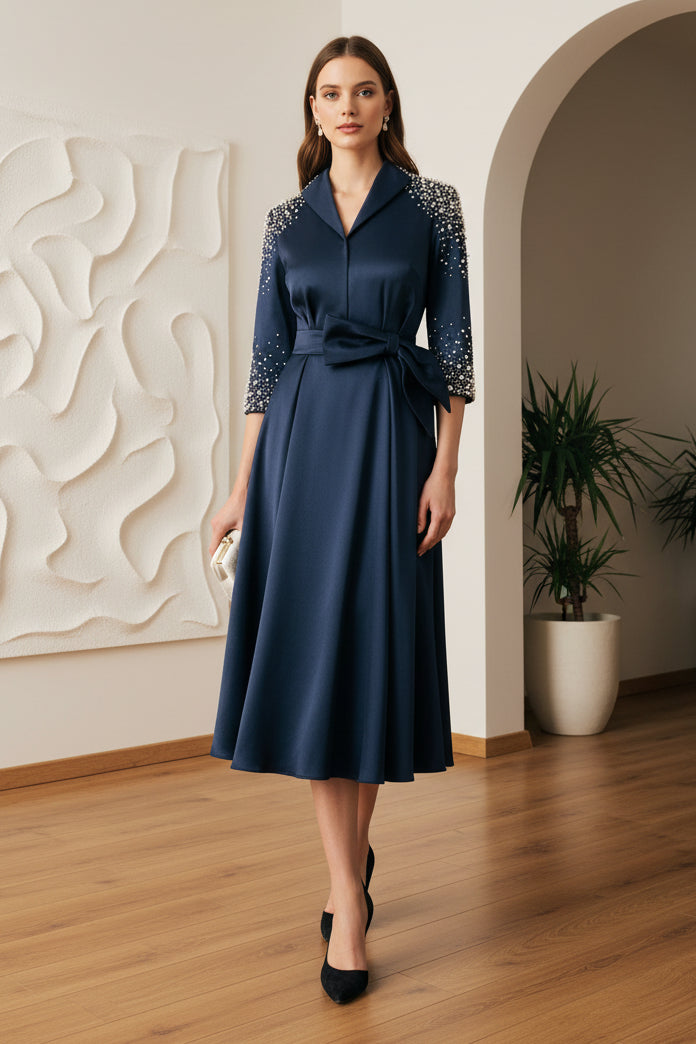 V-Neck Long Sleeves Beaded A-Line  Mother of Bride Dress