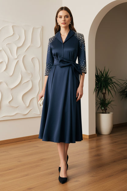V-Neck Long Sleeves Beaded A-Line  Mother of Bride Dress