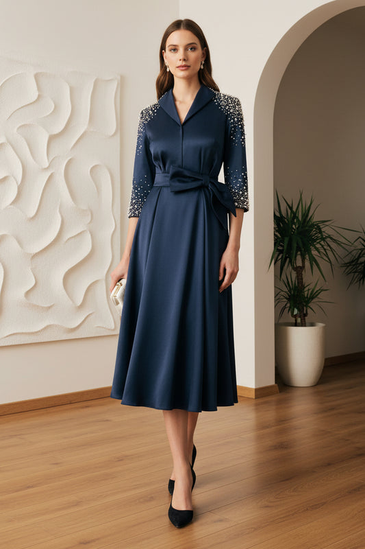 V-Neck Long Sleeves Beaded A-Line  Mother of Bride Dress