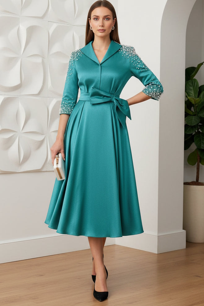 V-Neck Long Sleeves Beaded A-Line  Mother of Bride Dress