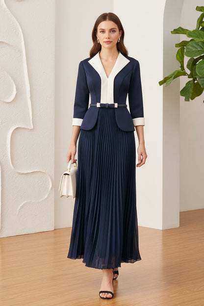 V-Neck Long Sleeves Pleated A-Line Mother of Bride Dress
