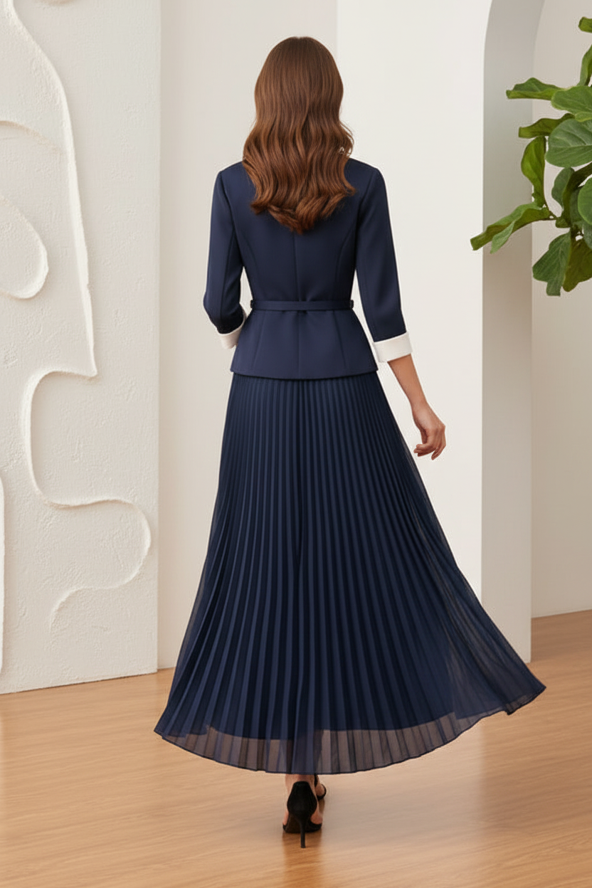 V-Neck Long Sleeves Pleated A-Line Mother of Bride Dress