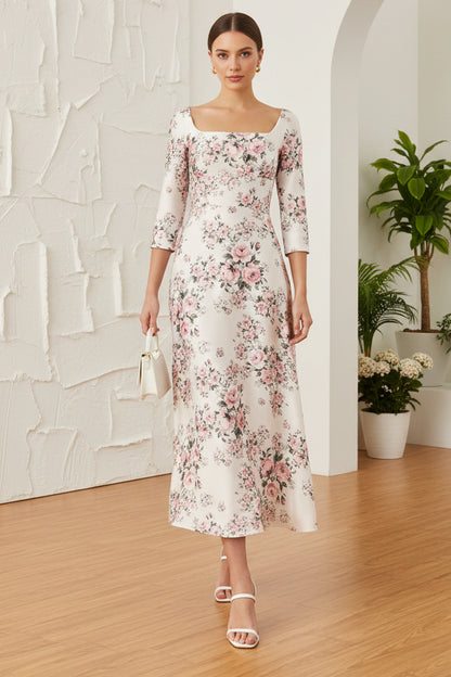 Square Long Sleeves Floral Printed A-Line Mother of Bride Dress