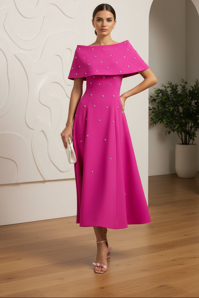 Off-Shoulder Beaded A-Line Mother of Bride Dress