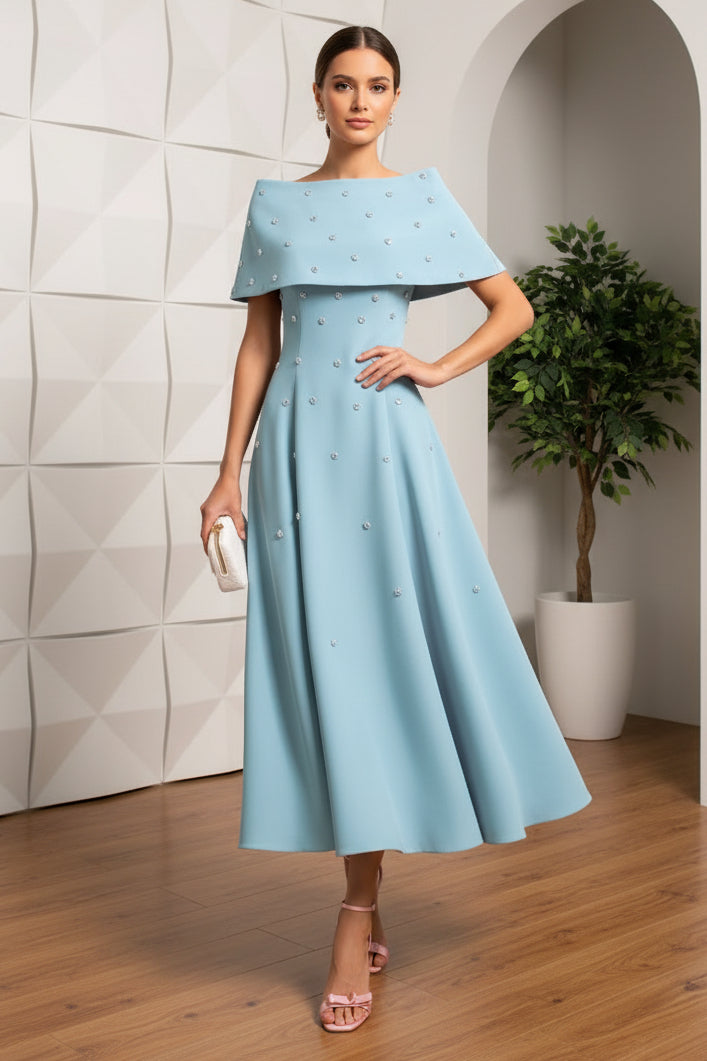 Off-Shoulder Beaded A-Line Mother of Bride Dress