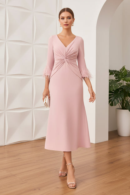 V-Neck Feathered Long Sleeves A-Line Cocktail Dress