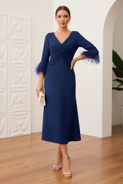V-Neck Feathered Long Sleeves A-Line Cocktail Dress
