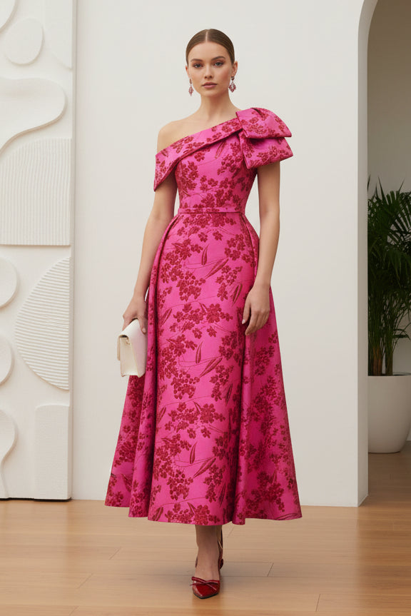 One Shoulder Floral Printed Sheath Mother of Bride Dress