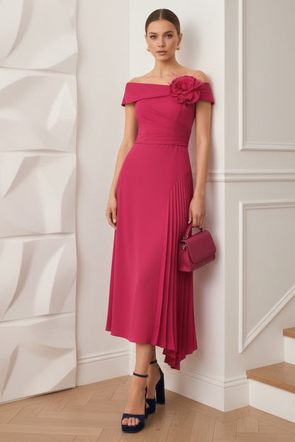 Off-Shoulder Pleated Floral A-Line Mother of Bride Dress