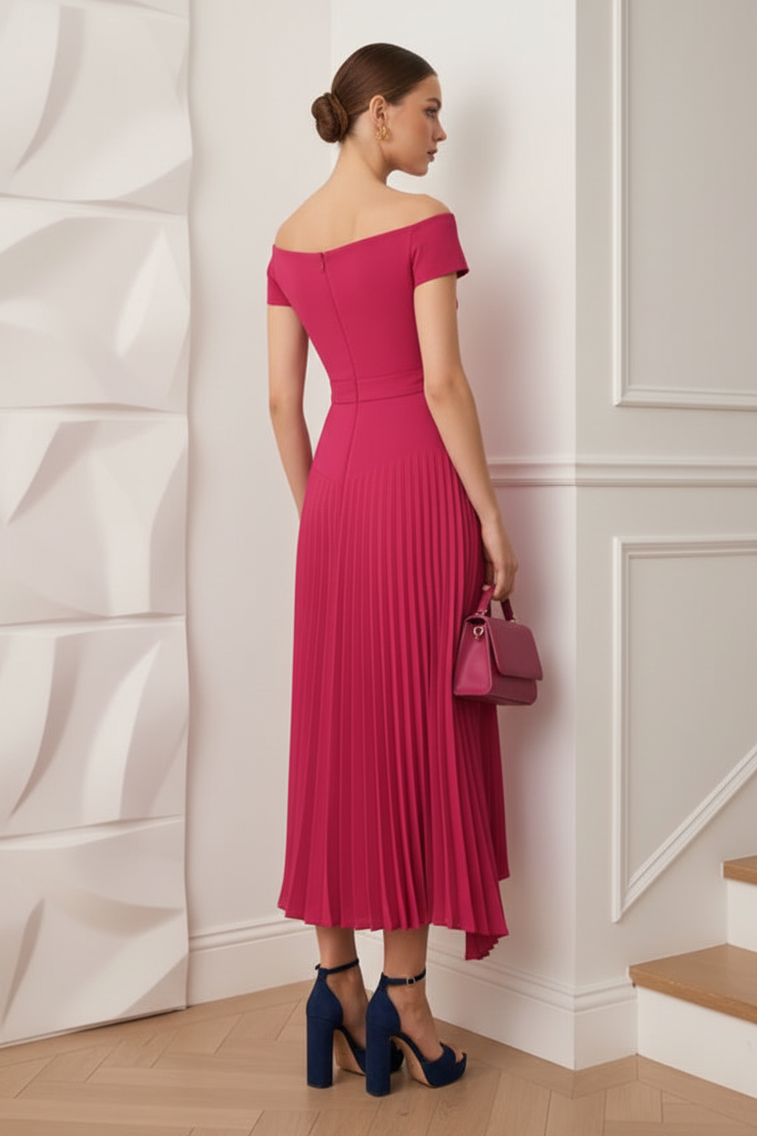 Off-Shoulder Pleated Floral A-Line Mother of Bride Dress