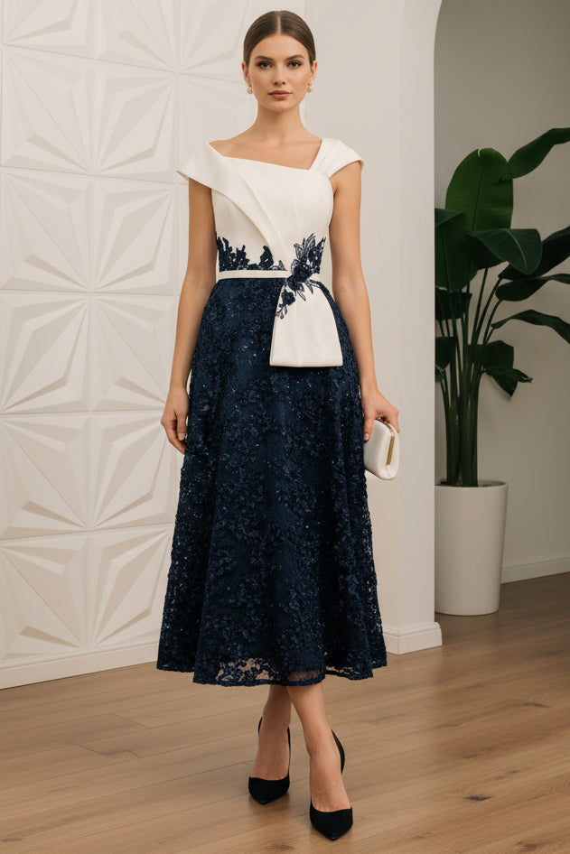Asymmetrical Cap Sleeves Appliques A-Line Mother of Bride Dress