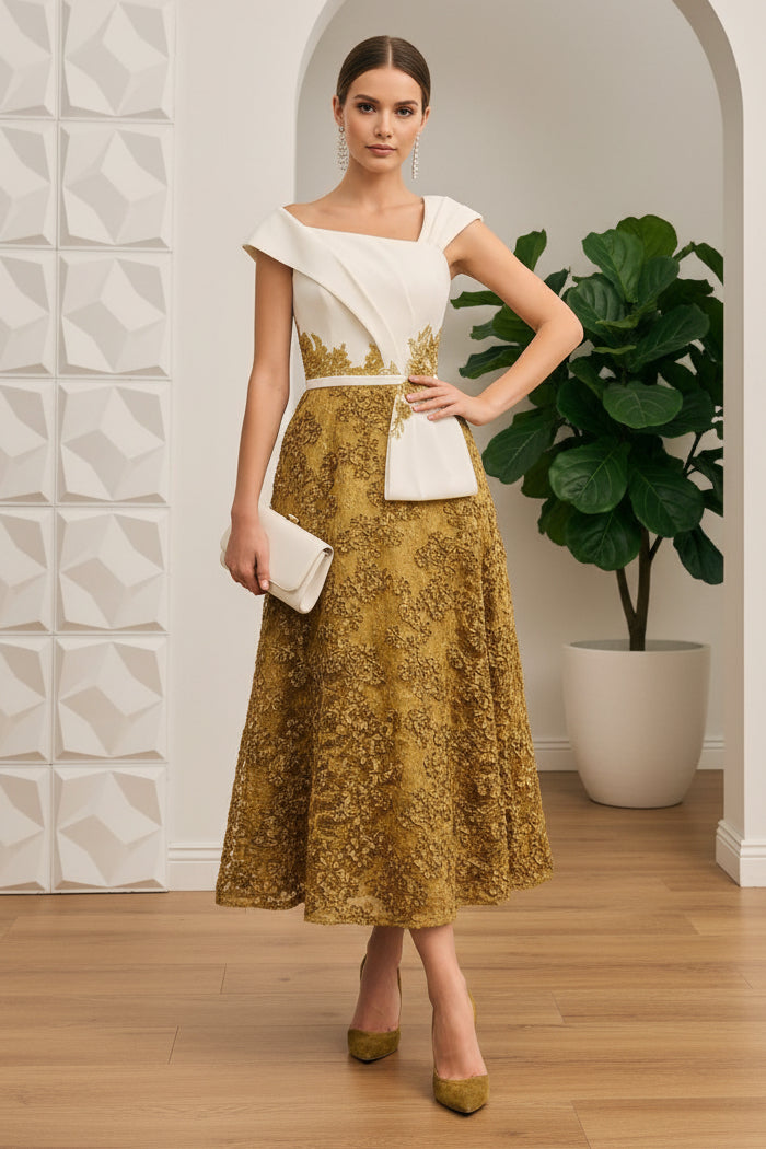 Asymmetrical Cap Sleeves Appliques A-Line Mother of Bride Dress