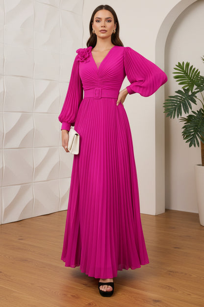 V-Neck Long Sleeves Pleated A-Line Mother of Bride Dress