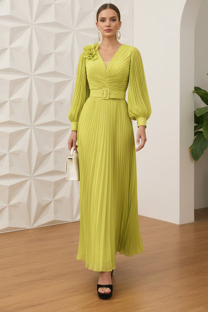 V-Neck Long Sleeves Pleated A-Line Mother of Bride Dress