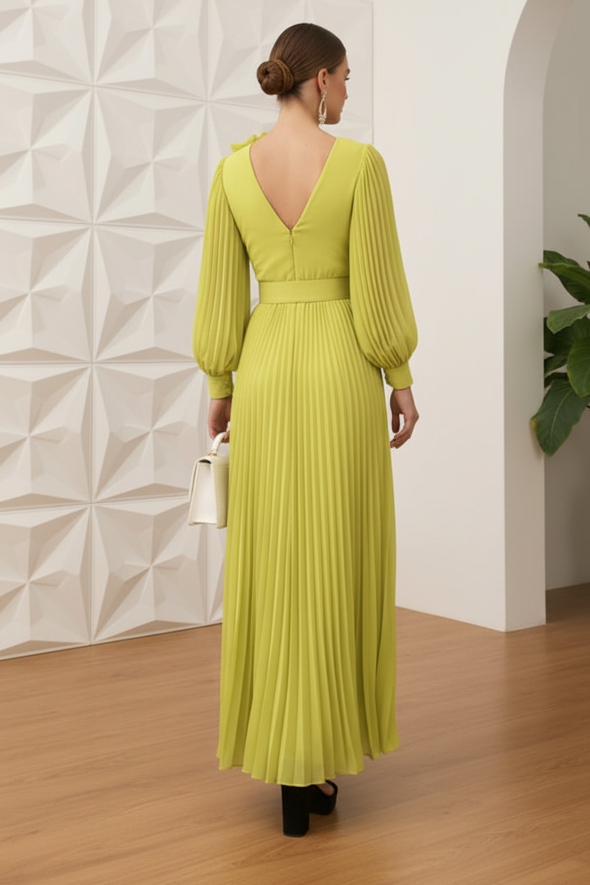 V-Neck Long Sleeves Pleated A-Line Mother of Bride Dress