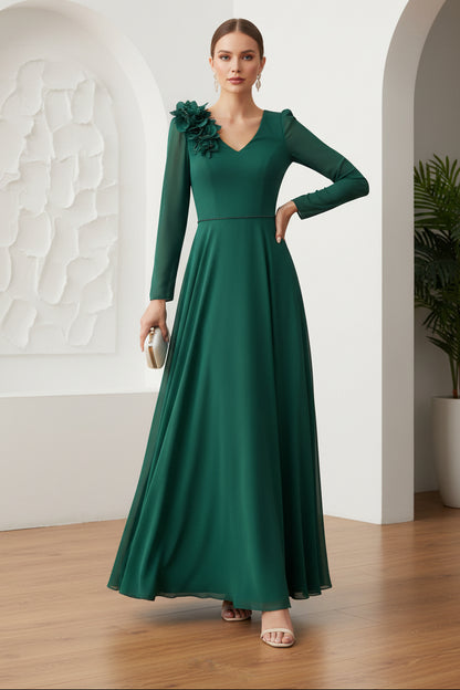 V-Neck Long Sleeves A-Line Mother of Bride Dress