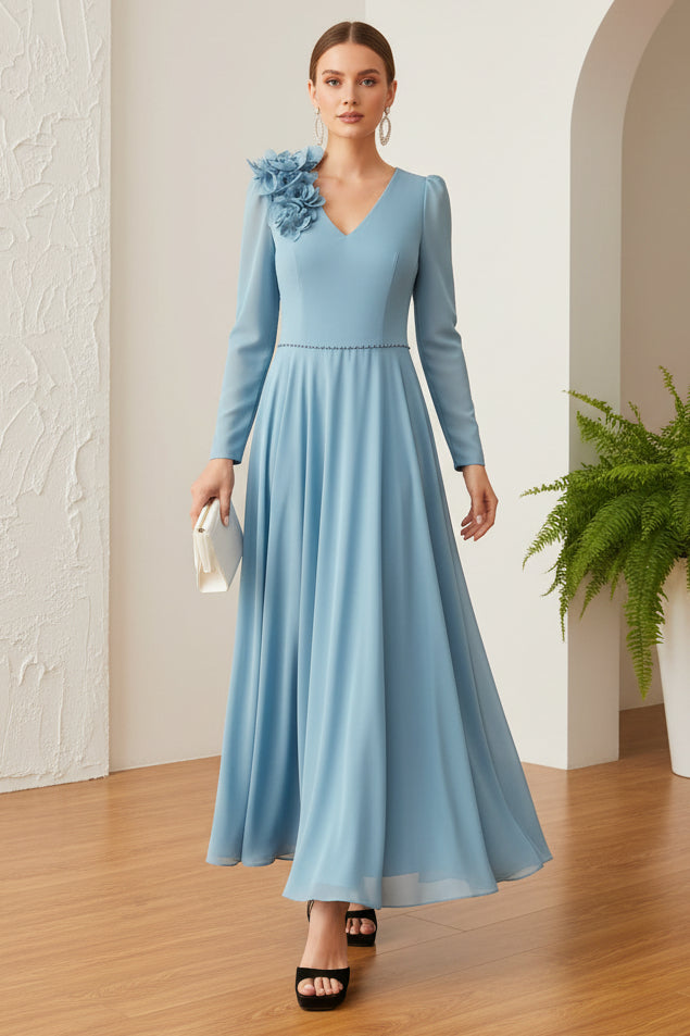 V-Neck Long Sleeves A-Line Mother of Bride Dress