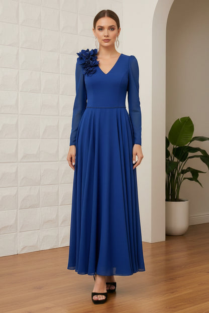 V-Neck Long Sleeves A-Line Mother of Bride Dress
