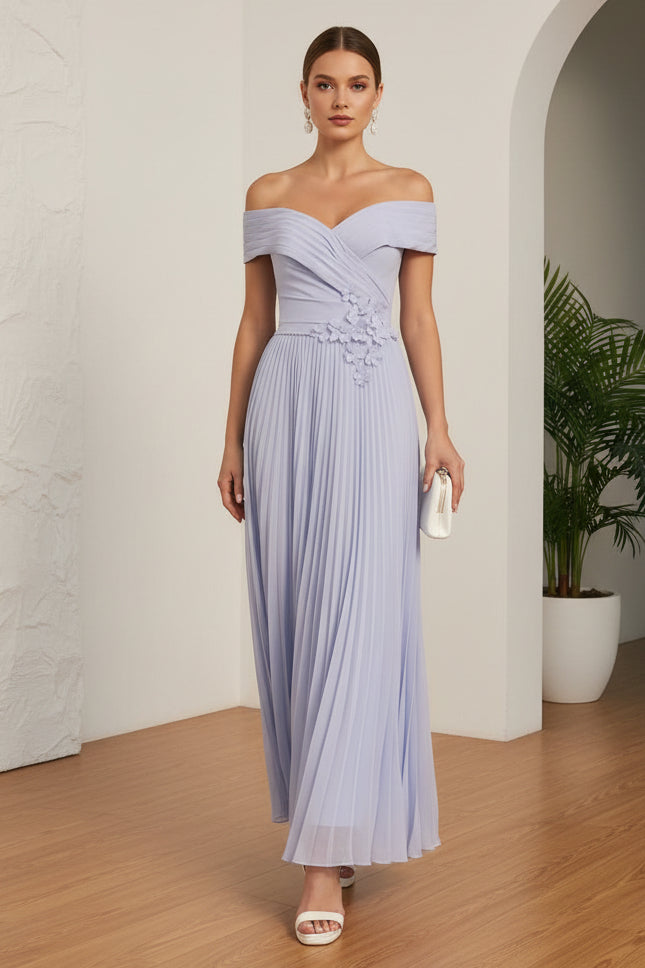 Off-Shoulder Pleated Appliques A-Line Wedding Guest Dress