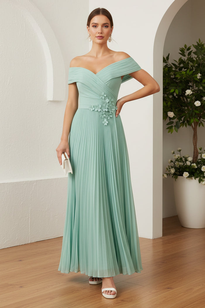 Off-Shoulder Pleated Appliques A-Line Wedding Guest Dress