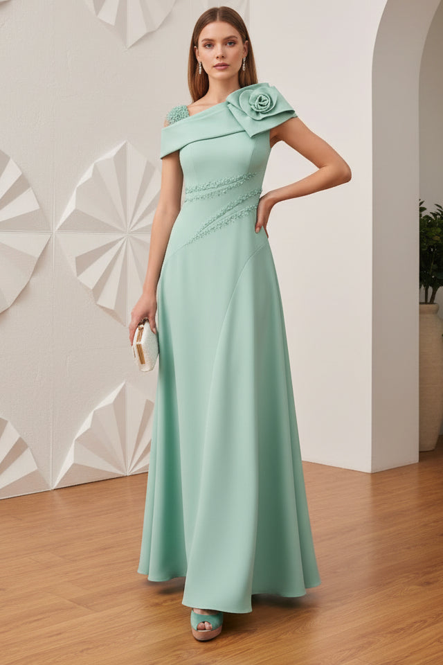 One Shoulder Beaded  3D Floral A-Line Mother of Bride Dress