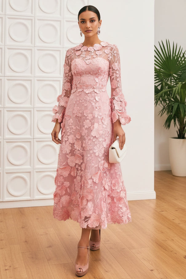 Scoop Long Sleeves Appliques A-Line Wedding Guest Dress