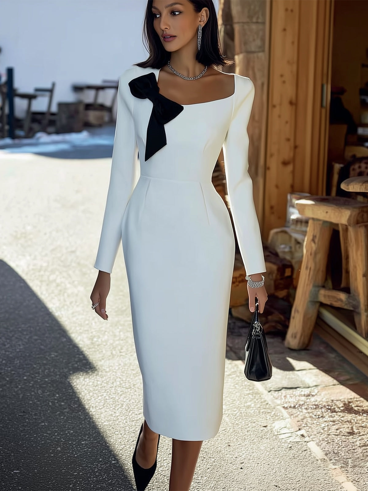 Elegant White Dress With Black Bow Collar Decor