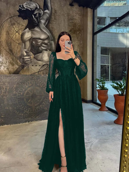 Sweetheart Long Sleeves Pleated Long A Line Prom Dress With Split And Lace