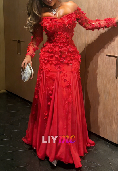 Off-Shoulder Floral Appliques A-Line Evening Dress