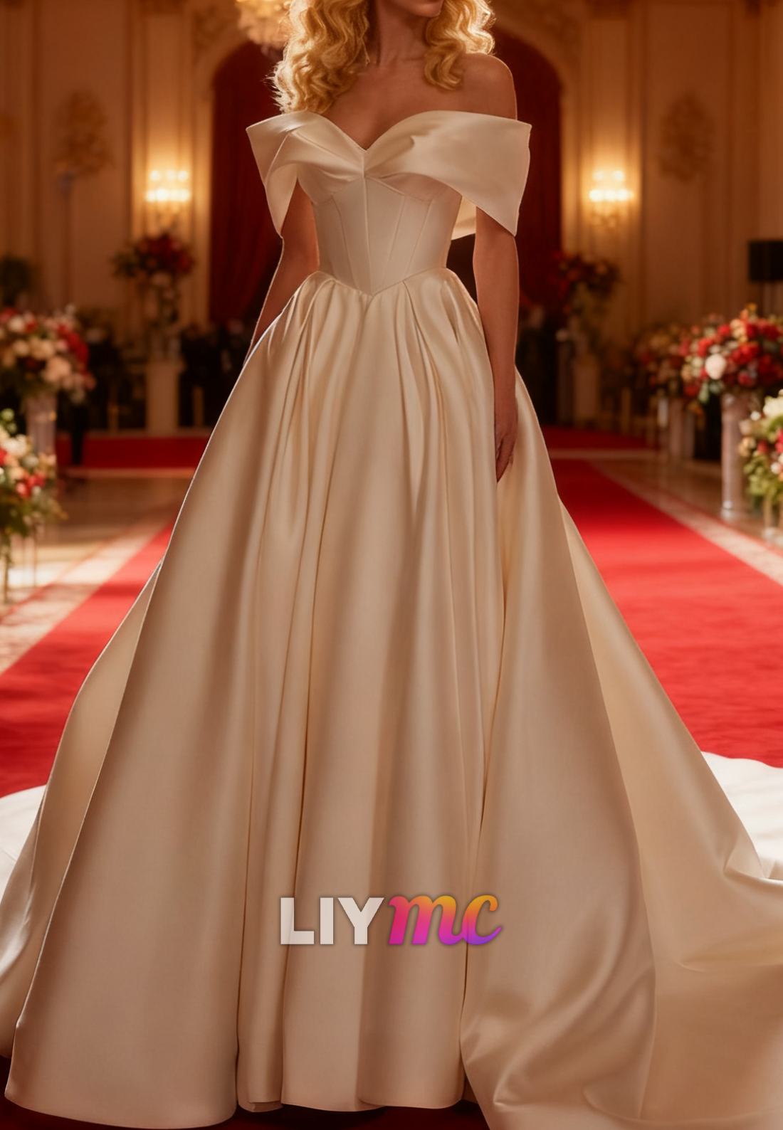 Off-Shoulder Satin Sleeveless A-Line Elegent Wedding Dress