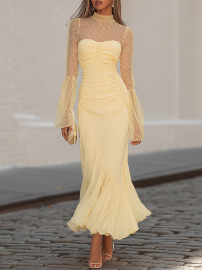 Pale Yellow Polka Dot Mesh Long-sleeved Ruched Fishtail Maxi Dress