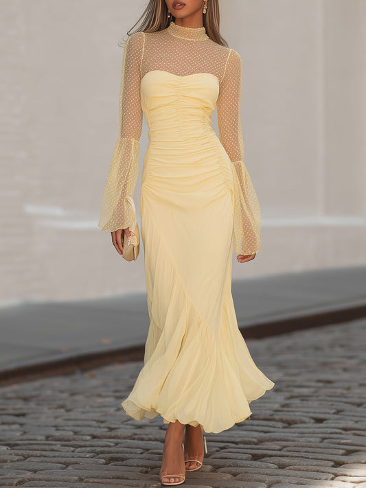 Pale Yellow Polka Dot Mesh Long-sleeved Ruched Fishtail Maxi Dress