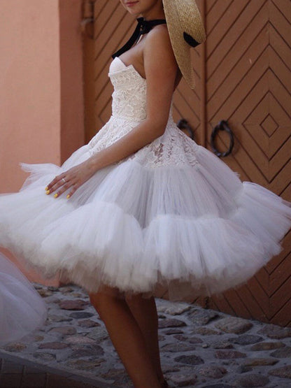 Elegant Bandeau Embroidered Backless See-Through A-Line Wedding Mini Dress