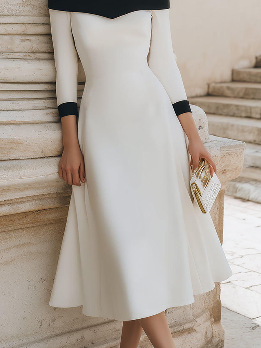 Ivory Off-Shoulder Midi Dress With Black Contrast Trim