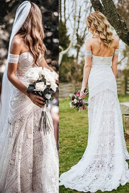 Boho Lace Mermaid Wedding Off-the-Shoulder Dress