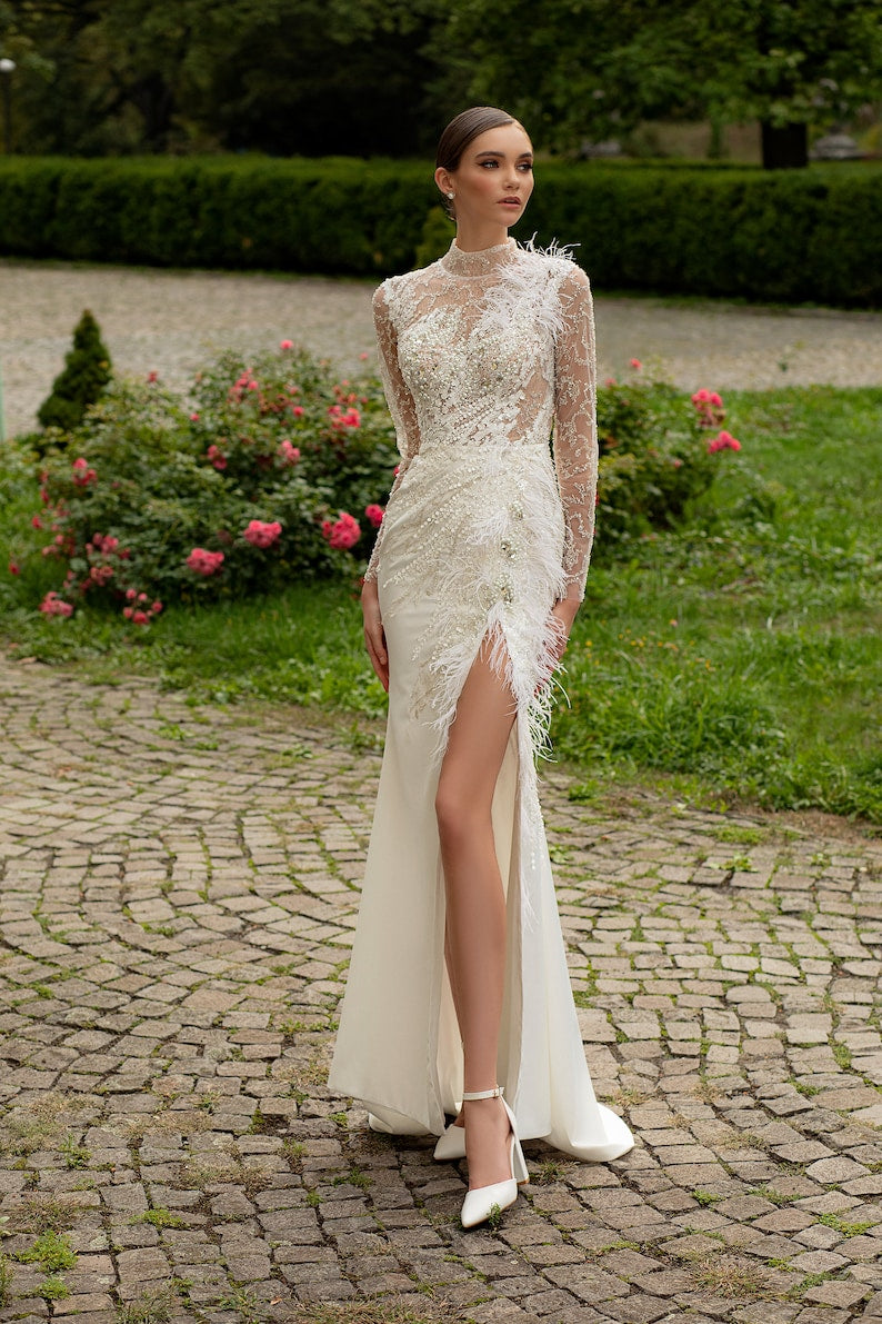 Sheath wedding dress Steis, Satin Ivory Lace Long sleeves wedding dress
